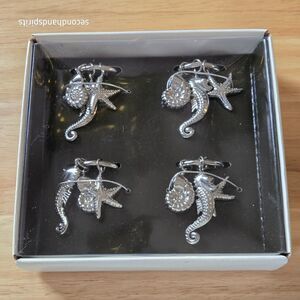 Pottery Barn Set Of 4 Seashore / Coastal Life Metal Napkin Rings With Charms
